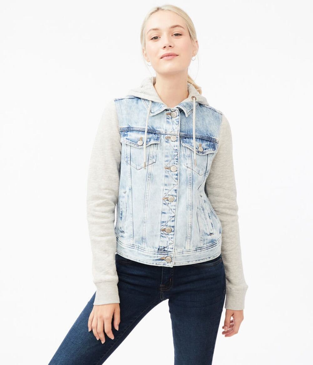 Aeropostale Hooded Denim Jacket Women's Knit Sleeve Jean Jacket Smal